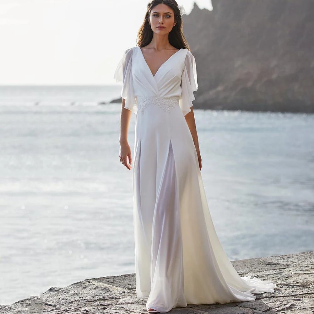 2024 Simple Beach Wedding Dress V-Neck Short Sleeves Lace Appliques Chiffon Sweep Train Boho Bride Gowns Robe De Mariage Vestidos De Novias