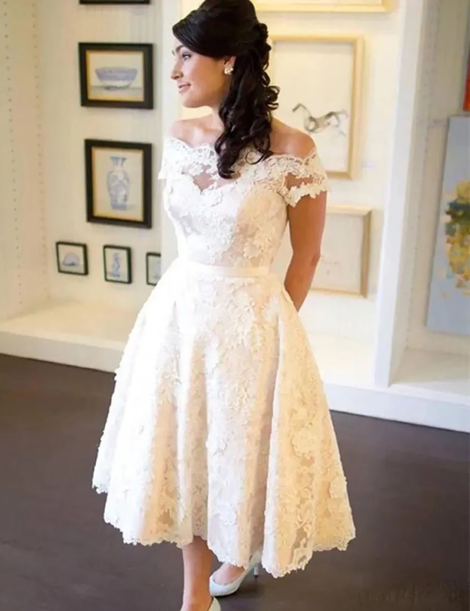 Ivory Wedding Dresses White Bridal Gowns A Line Formal Sleeveless Beaded Applique Custom Zipper Lace Up Plus Size New Off-Shoulder Lace Tea-Length