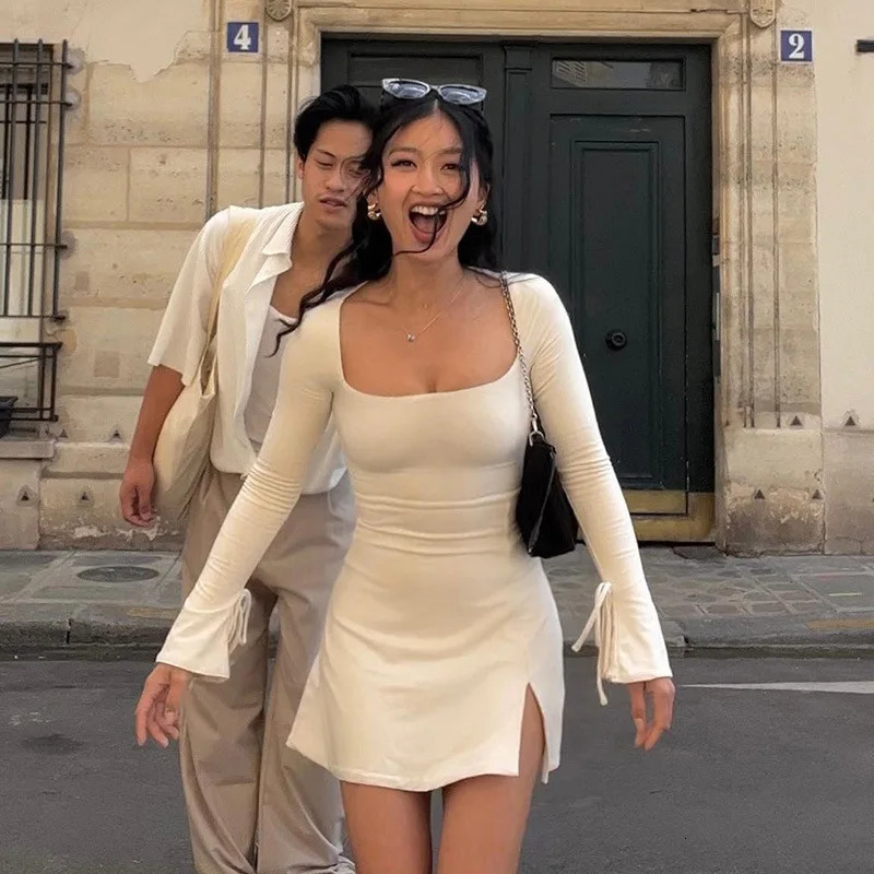 Women Solid Slim Fit Square Neck Drawstring Long Sleeve Dresses White Black Butterfly Split Asymmetrical Mini Dress 819 240115