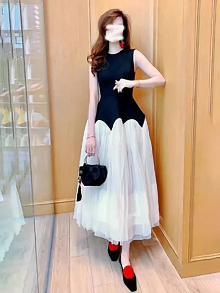 Elegant Mesh Patchwork Dress For Color Block Vintage Sleeveless O-Neck A E Women Summer In Evening Prom Vestidos 240115
