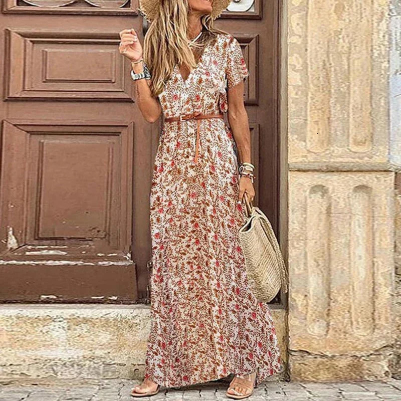 Boho Summer Long Dress for Women Elegant Evening Vestidos de Mujer Dresses Robe Femme Casual Maxi Short Sleeve Clothing 240116