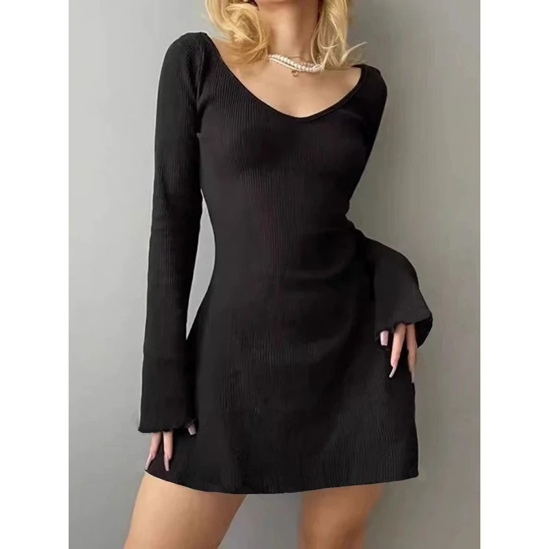 Elegant And Pretty Women Dresses Autumn Winter Black Sexy Short Dress Female V Neck Long Sleeve Slim Solid Color Mini 240115