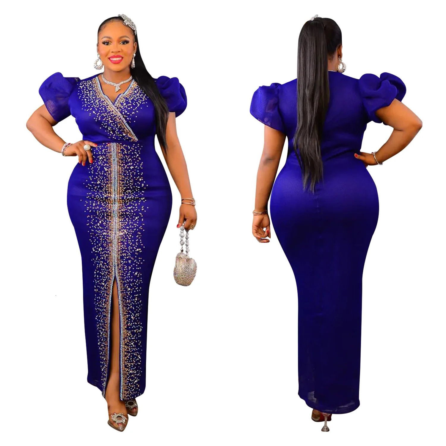 Puff Sleeve Birthday Party Prom Rhinestone Slit Dress Long Elegant Women Night Club Wedding Evening Sexy Bodycon Dresses 240115