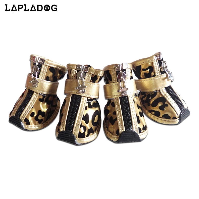 4pcsset Gold Leopard Leather Pet Dog Shoes PU anti-slip Boot for small dogs Teddy dog cat Waterproof shoes Puppy Booties ZL353 240115
