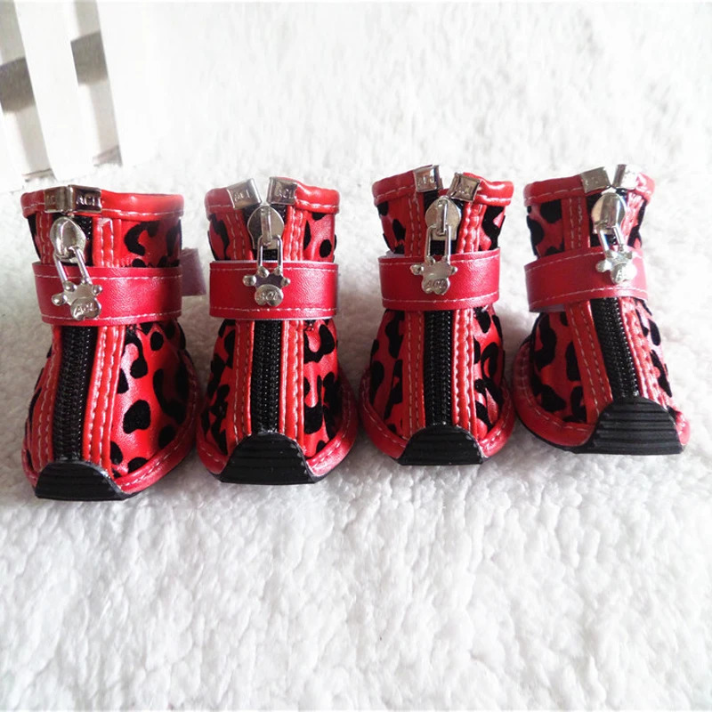 4pcsset Gold Leopard Leather Pet Dog Shoes PU anti-slip Boot for small dogs Teddy dog cat Waterproof shoes Puppy Booties ZL353 240115