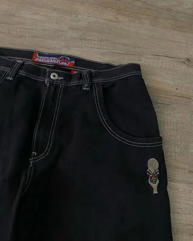 Streetwear JNCO Jeans Y2K Hip Hop Retro Skull Embroidered Baggy Jeans Black Pants Mens Punk Rock High Waist Wide Leg Trousers 240115