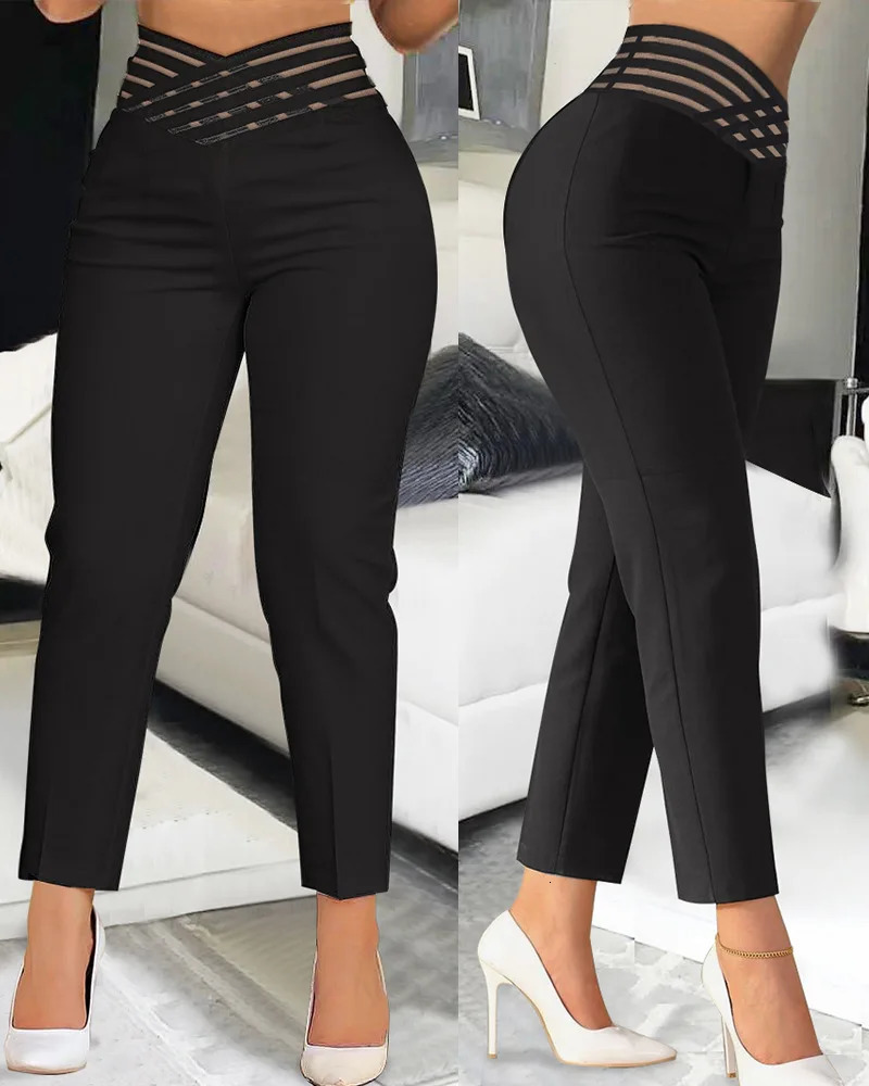 Summer Pants for Women Loose Fashion Overlap Waist Hollow Out Work Spliced Solid Color Thin Feet s Office Lady 240115