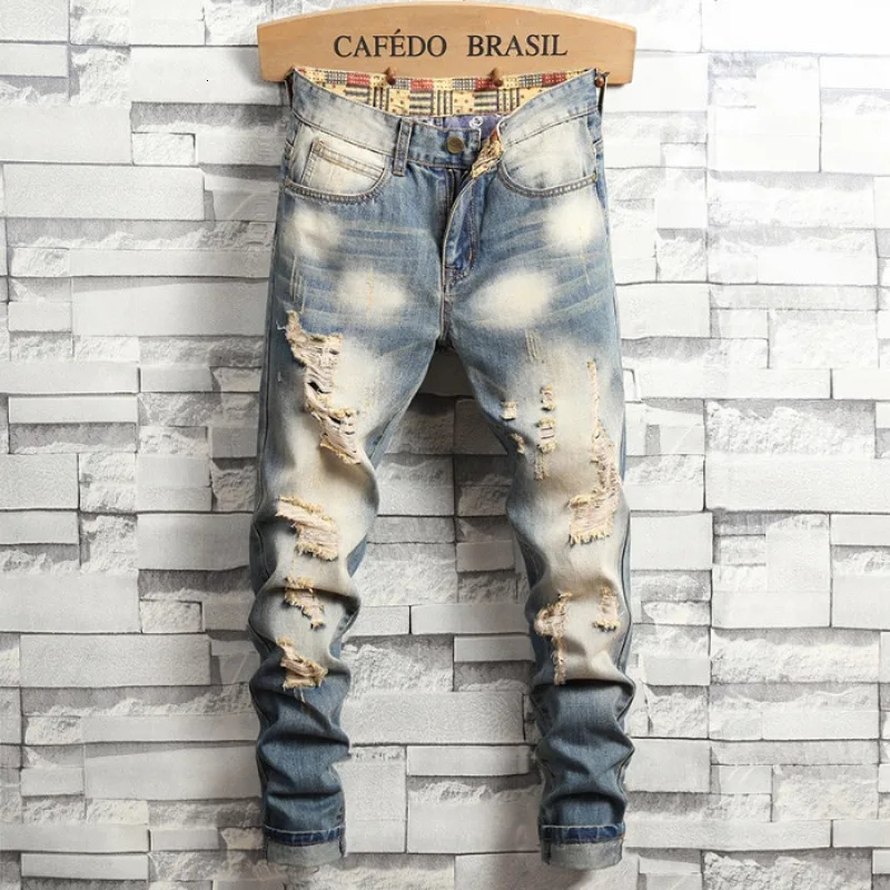 Distressed Ripped Jeans Men's Retro Blue Fashion Slim Motorcycle Trousers Male Hip-hop Street Male Hole Denim Pants 240115
