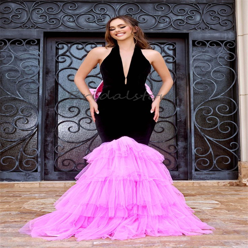 Unique Pink With Black Mermaid Prom Dress Deep V Neck Fishtail Evening Gowns Elegant Plus Size Backless Formal Dress With Bow Tiered Ruffles Party Dre