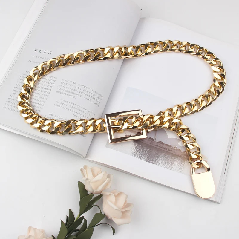 Silver Gold Metal Alloy Waist Belt Long Wide Waist Chain Punk Street Jean Belt Hip Hop Gothic Buckle PIn Adjustable Belt Cinch240115