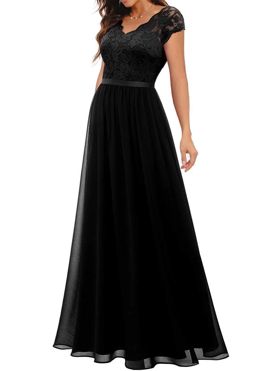 Women Lace Patchwork Maxi Long Evening Dress Solid Color Backless V Neck High Waist Dress Wedding Party Dress 240115