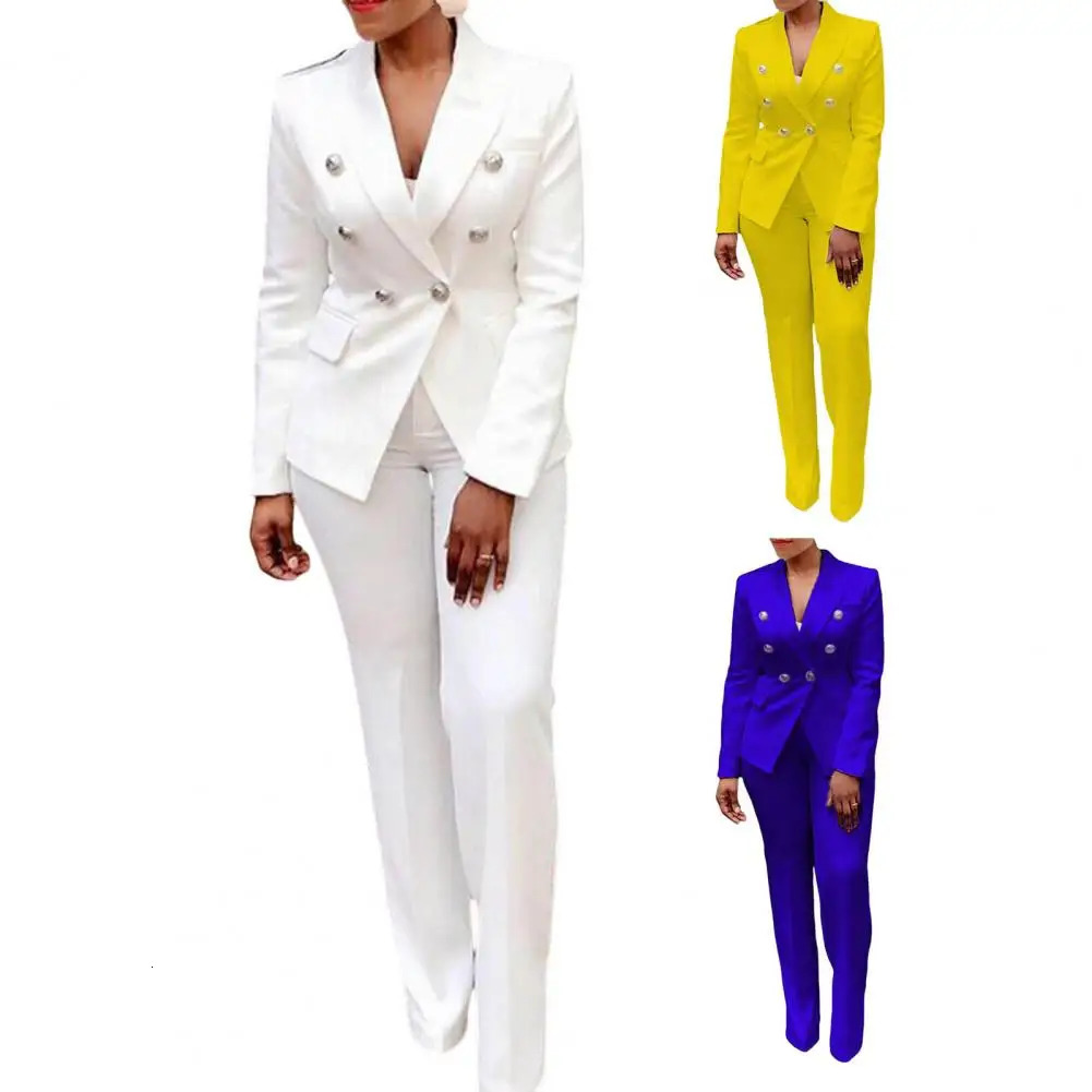 2PcsSet Lady Solid Color Lapel Suit Jacket Pants Set Long Sleeve Flap Pocket Double Breasted High Waist Blazer Office 240115