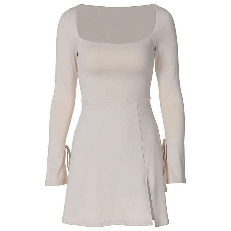 Women Solid Slim Fit Square Neck Drawstring Long Sleeve Dresses White Black Butterfly Split Asymmetrical Mini Dress 819 240115