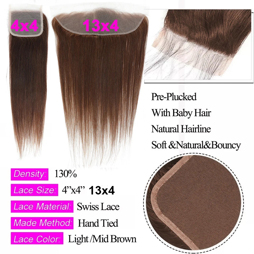 12A 10-32 #4 Chocolate Brown Straight Human Hair Bundles with Closure Frontal Raw Brazilian Hair Weave Bundles with Closure 240115