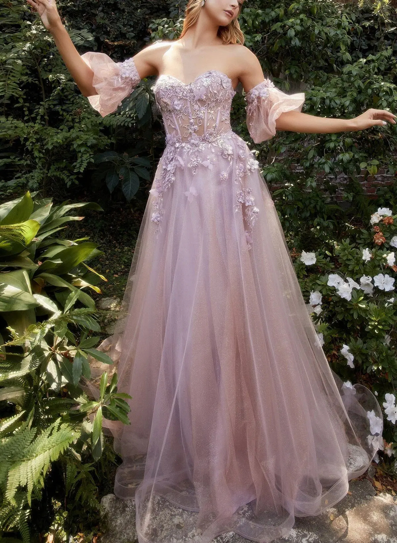 3D Floral Appliques Light Pink Long Prom Dresses A Line Off The Shoulder Tulle Special Occasion Gowns Detachable Short Sleeves Corset Open Back Sexy E