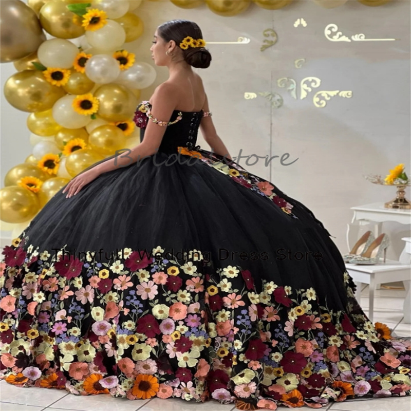 Black Mexican Quinceanera Dresses 2024 Charro Ball Gown 3D Florals Sixteen Sweet 15 Birthday Dress Lace Up Puffy Para Luxury Savistidos Vestidos De Xv