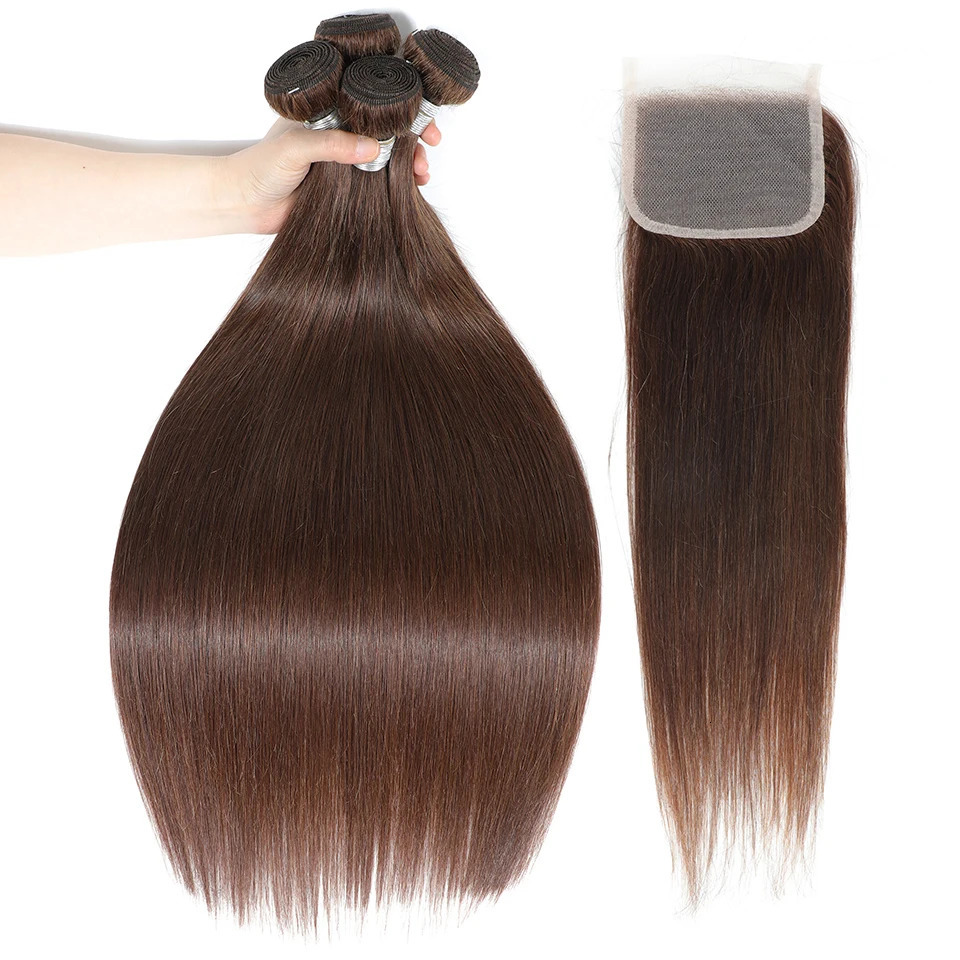 12A 10-32 #4 Chocolate Brown Straight Human Hair Bundles with Closure Frontal Raw Brazilian Hair Weave Bundles with Closure 240115