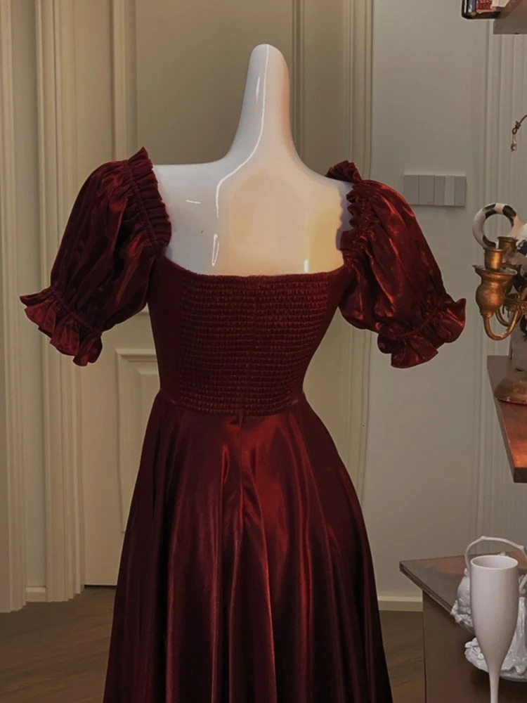French Vintage Burgundy Evening Party Dress Women Summer Elegant Romantic Prom Vestidos Korean A-line Graduation Dresses 240115