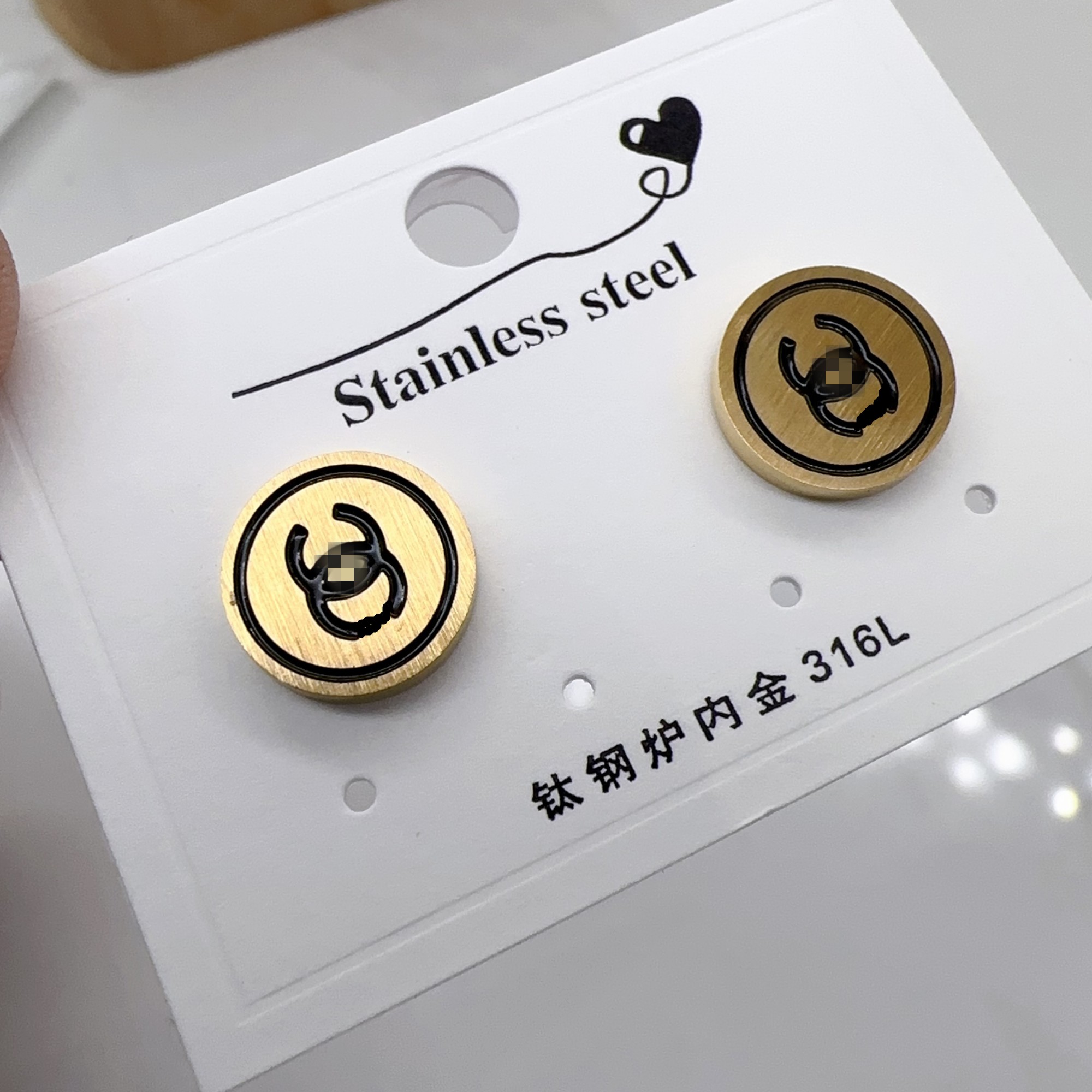 Original branded brushed metal gold small black C stud 316L Stainless Steel 18k women letter engrave earrings girls wedding jewelry