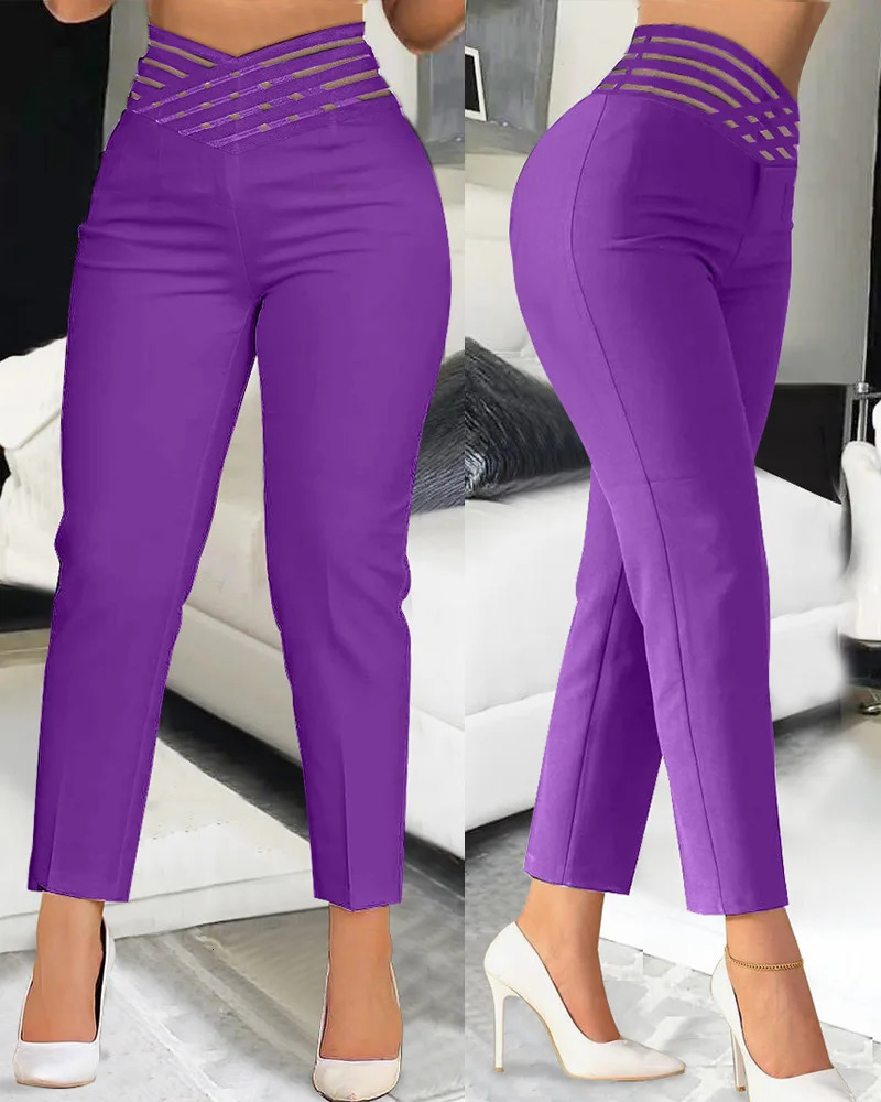 Summer Pants for Women Loose Fashion Overlap Waist Hollow Out Work Spliced Solid Color Thin Feet s Office Lady 240115