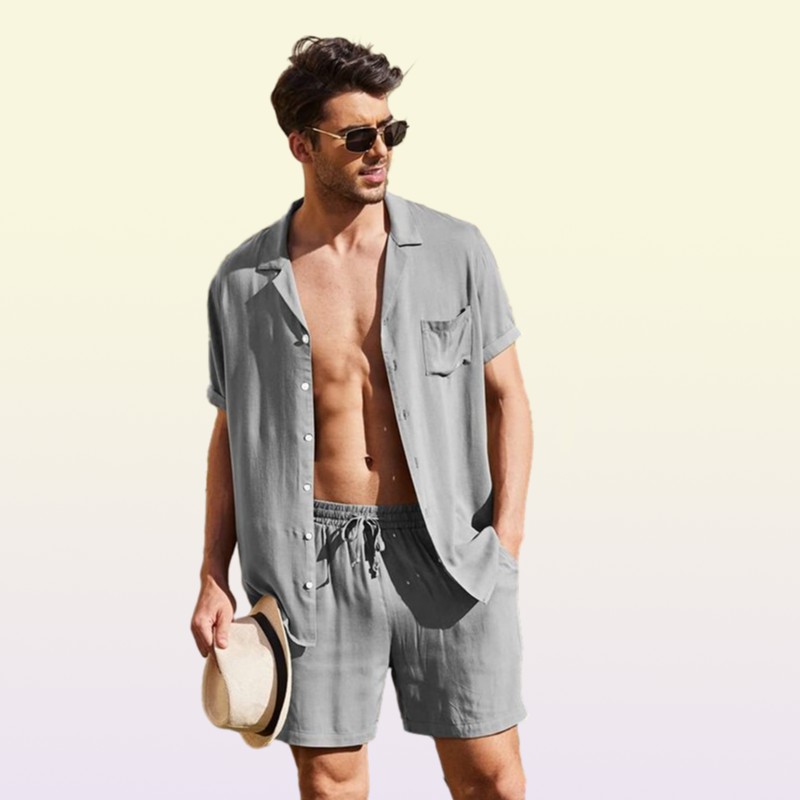 Summer Cotton Linen Shirt Set Men s Casual Outdoor 2 Piece Suit Andhome Clothes Pajamas Comfy Breathable Beach Short Sleeve Sets 2