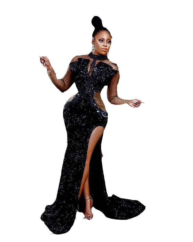 2024 Sexy Prom Dresses Black High Neck Illusion Sequined Lace Plus Size Illusion Crystal Beads Floor Length Sequins Mermaid Long Sleeves Evening Gowns