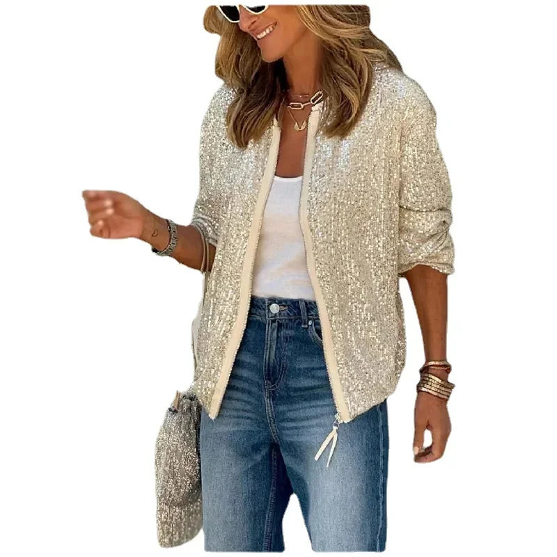 Casual Summer Autumn Women Silvery Sequin Coat Vintage Solid Color Long Sleeve Oneck Zipper Office Lady Jacket Coats 240116