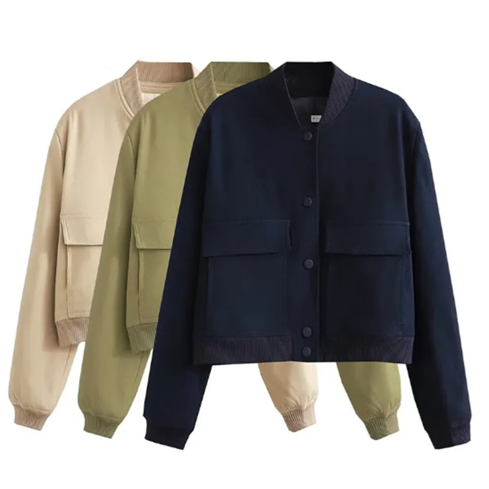 PB ZA Winter Womens Stand up Neck Casual Loose Large Pocket Single breasted Jacket Top Coat 240116