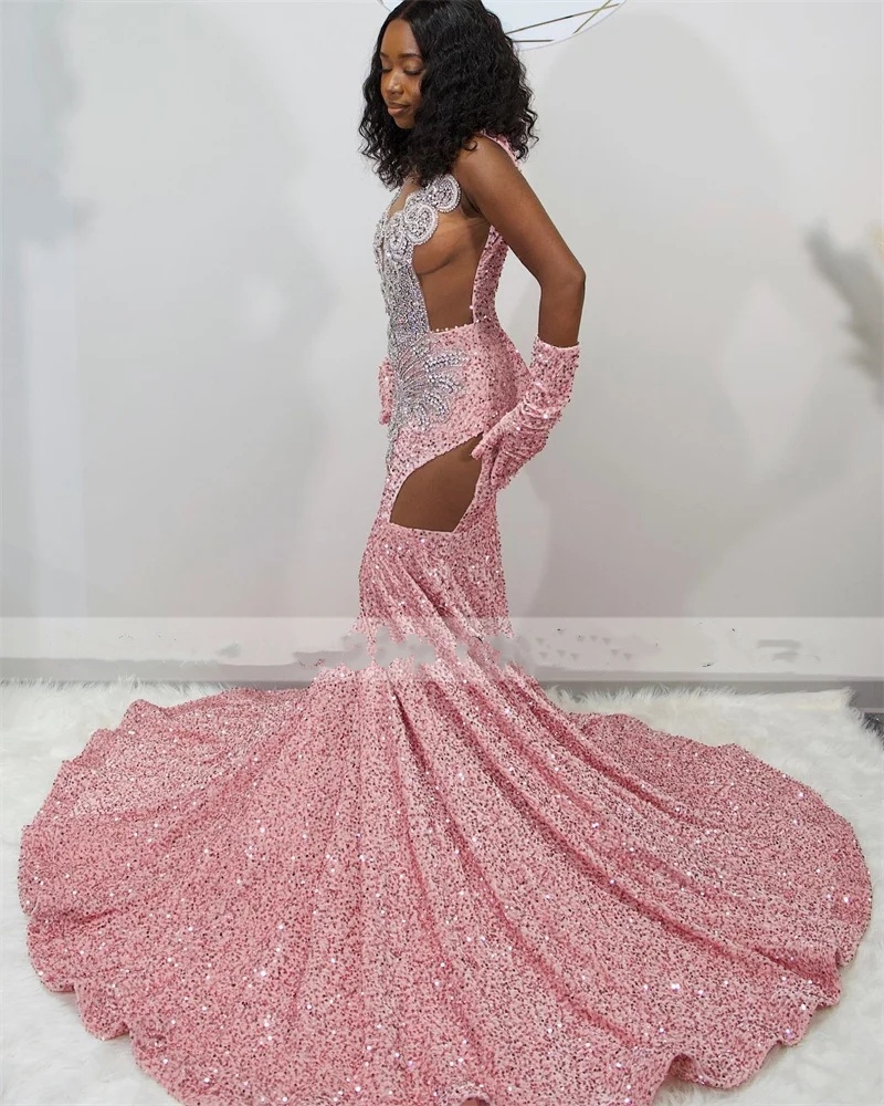 Pink Sequins Memraid Prom Gowns For Black Girls 2024 Sparkly With Goes Beaded Crystal Birthday Party Dresses Evening Dress 0431
