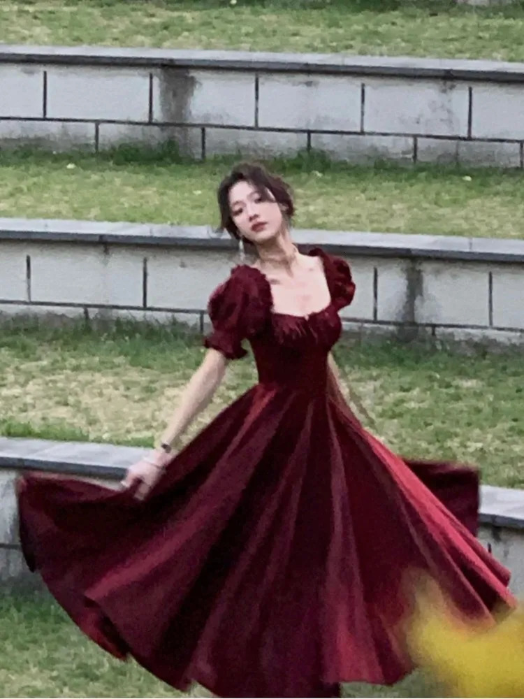 French Vintage Burgundy Evening Party Dress Women Summer Elegant Romantic Prom Vestidos Korean A-line Graduation Dresses 240115