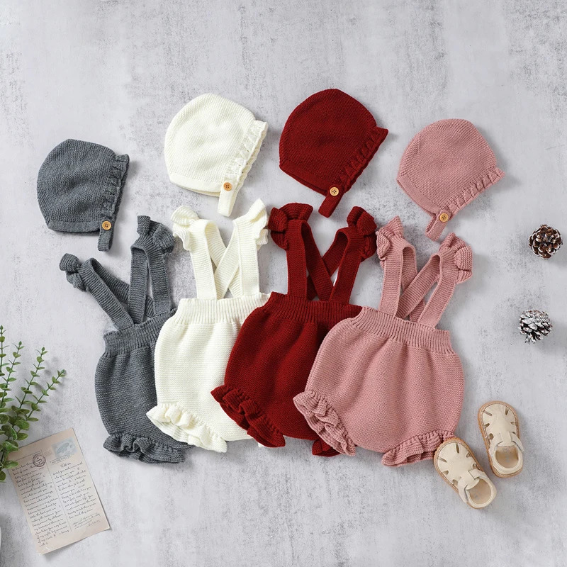 Baby Bodysuits Knitted Summer born Girls Jumpsuit Outfits Fashion Ruffles Infant Toddler Clothing Hat 2PC Solid 0-18M Onesies 240116