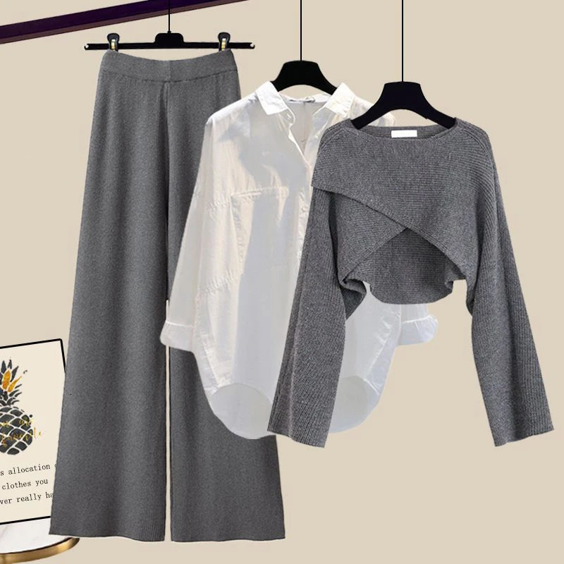 Spring Autumn Women's Loose Shirt Solid Sweater High Waist Wide Leg Pants Retro Casual Three Piece Set