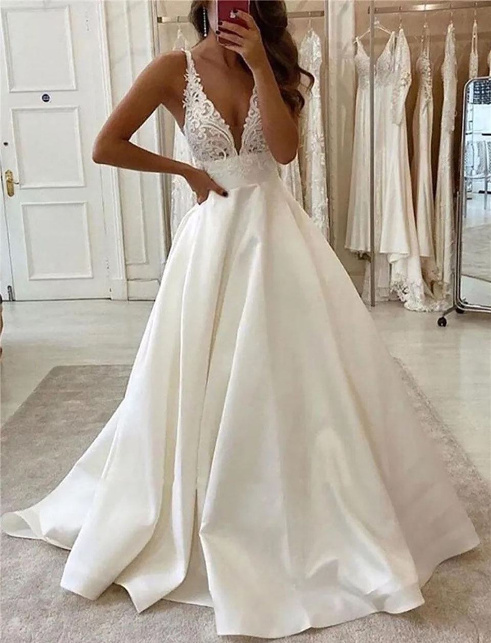 Ivory Wedding Dresses White Bridal Gowns A e Formal Sleeveless Beaded Applique Custom Zipper Lace Up Plus Size New V-Neck Satin Backless