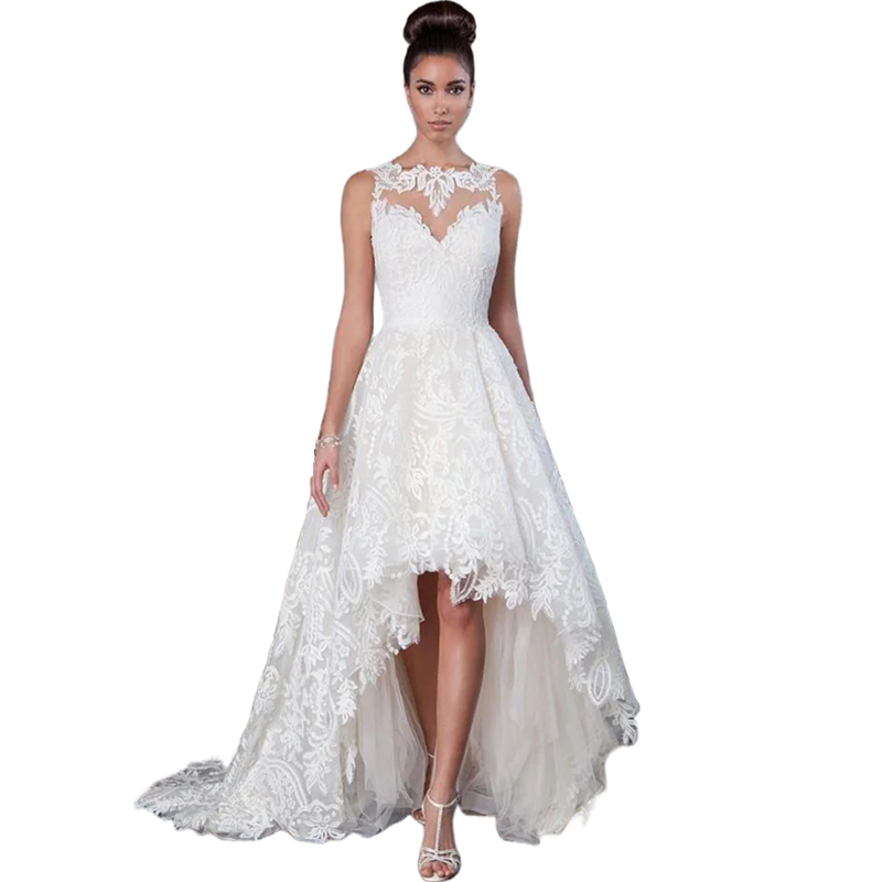 High Low Lace A Line Wedding Dresses Illusion Back Sleeveless Short Front Long Back Country Bridal Gowns Vintage Ivory Bride Dress 2024