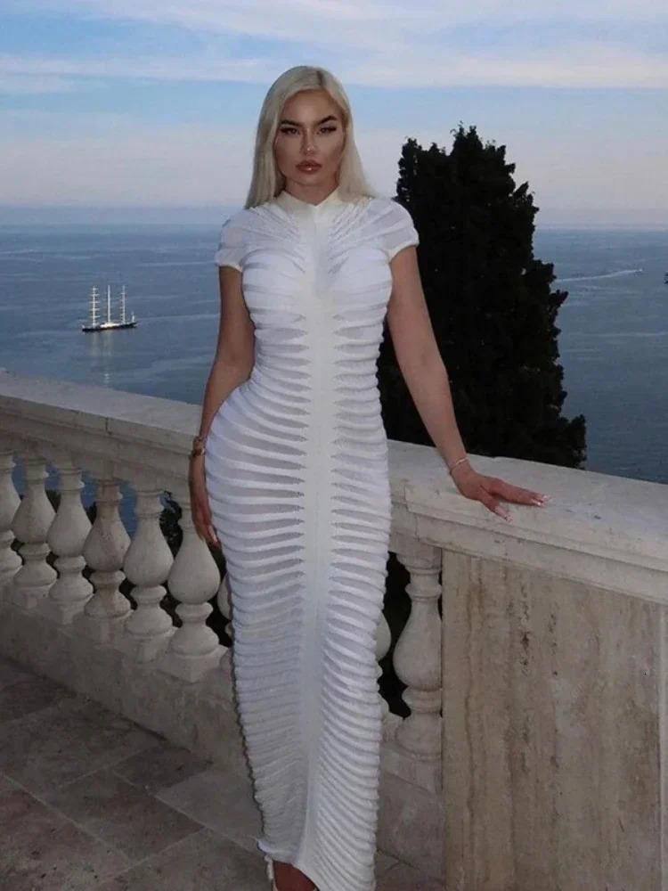 XIZOU Elegant Bodycon Knitted Dress Autumn See Through White Dress Short Sleeve Sexy Party Evening Maxi Dresses for Women 240115