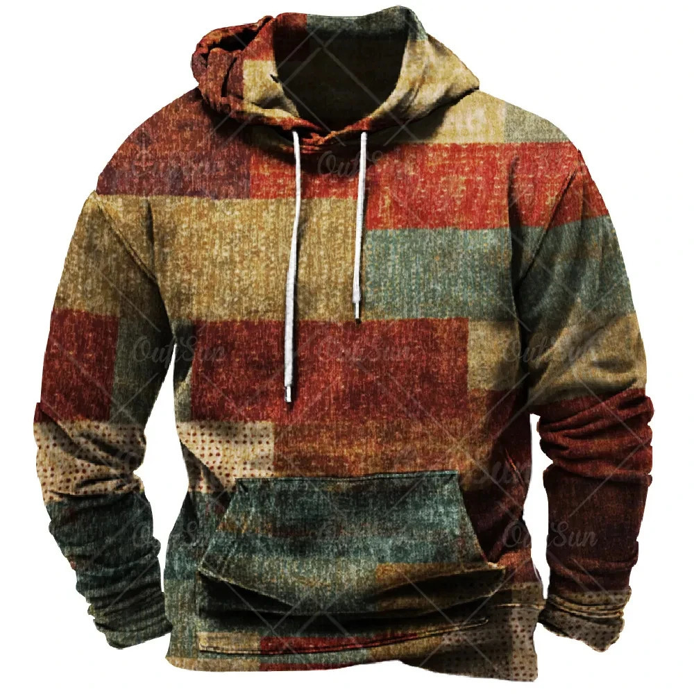 Vintage men's hooded casual shirt 3D plaid printed long sleeved pullover street clothing super big hat hoodie 240115