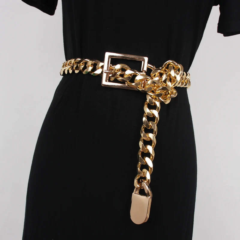 Silver Gold Metal Alloy Waist Belt Long Wide Waist Chain Punk Street Jean Belt Hip Hop Gothic Buckle PIn Adjustable Belt Cinch240115