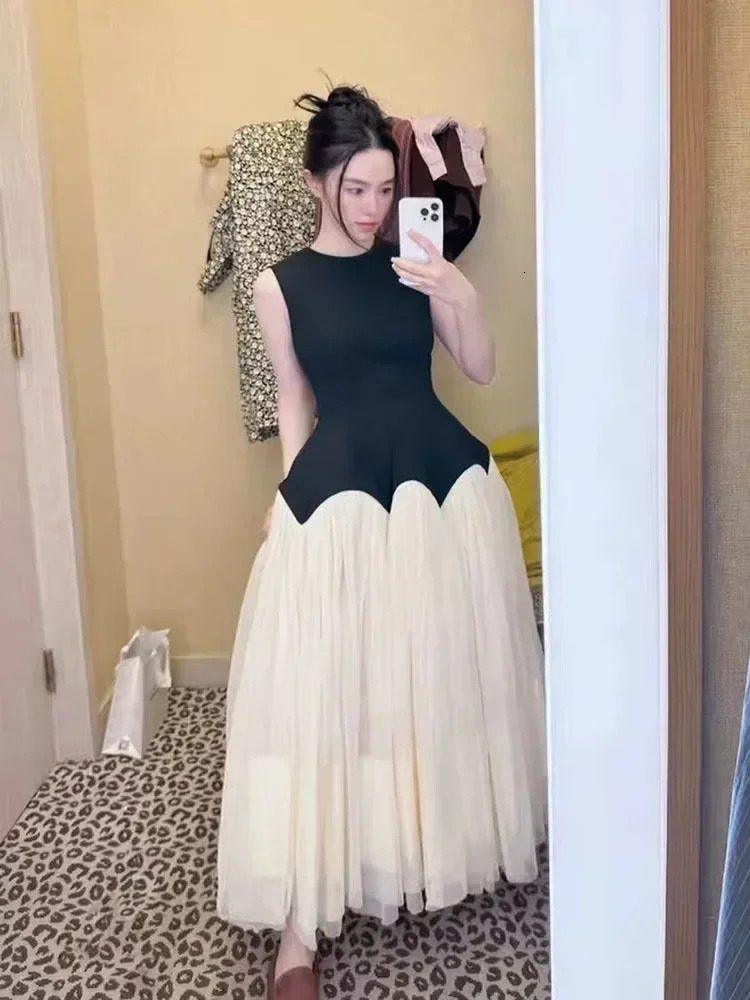 Elegant Mesh Patchwork Dress For Color Block Vintage Sleeveless O-Neck A E Women Summer In Evening Prom Vestidos 240115