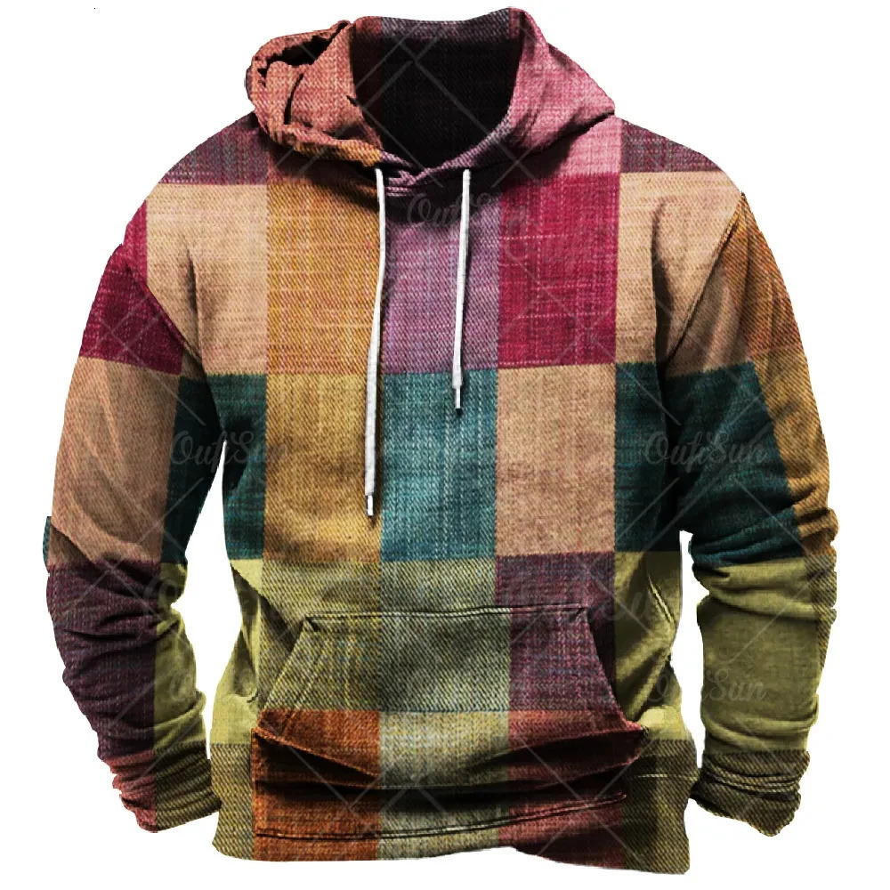 Vintage men's hooded casual shirt 3D plaid printed long sleeved pullover street clothing super big hat hoodie 240115