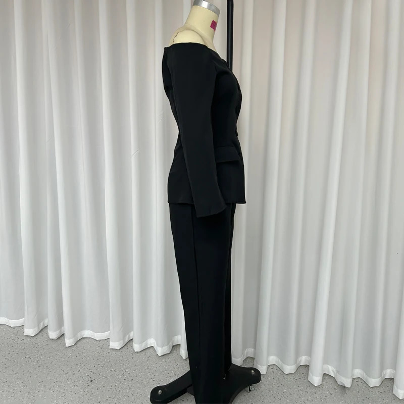 Wefads Elegant Women's Sets Two Piece Office Simple Solid Off Shoulder Long Sleeve Single Breasted Button Top Loose Pants Suits 240115