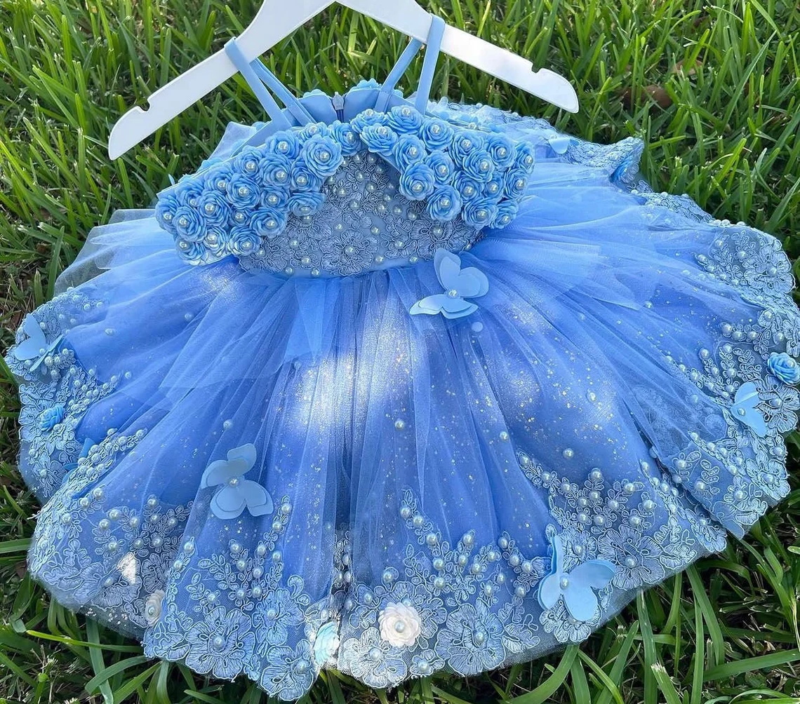 Blue Turn-down Collar Toddler Party Dresses Spaghetti Strap Beaded Kids Formal Wear 3D Flower with Butterfly Child Birthday Dress