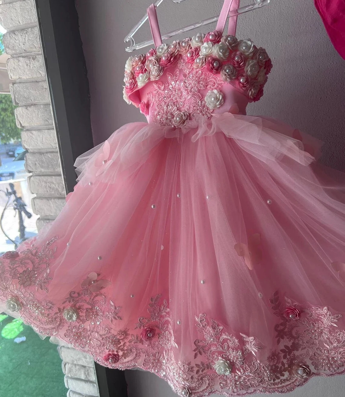 Blue Turn-down Collar Toddler Party Dresses Spaghetti Strap Beaded Kids Formal Wear 3D Flower with Butterfly Child Birthday Dress