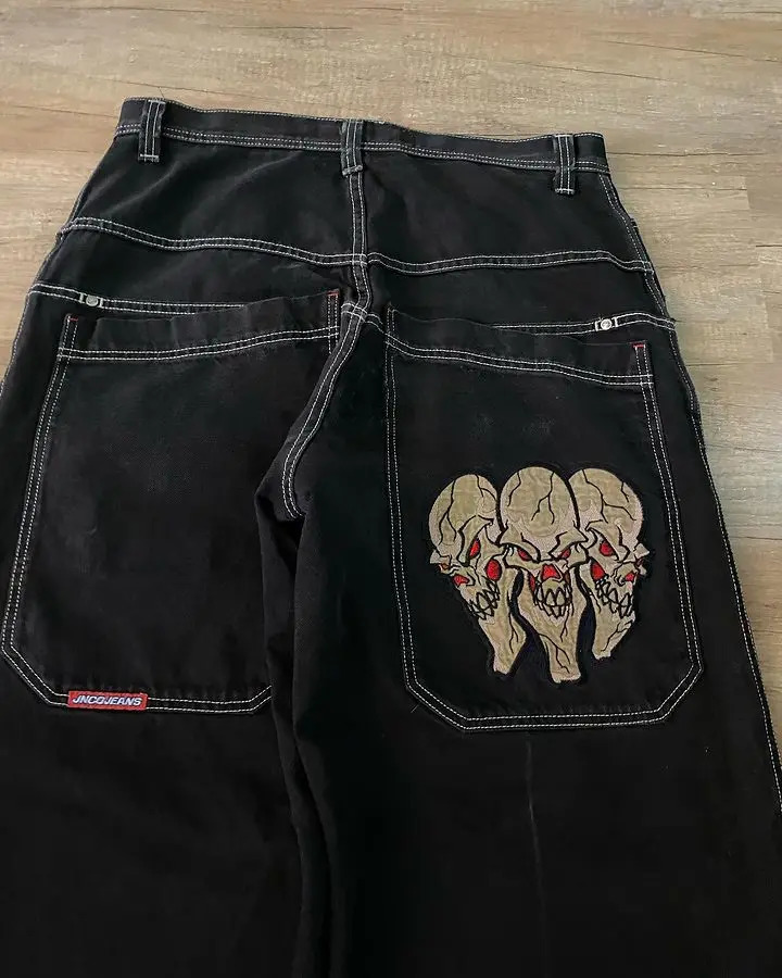 Streetwear JNCO Jeans Y2K Hip Hop Retro Skull Embroidered Baggy Jeans Black Pants Mens Punk Rock High Waist Wide Leg Trousers 240115