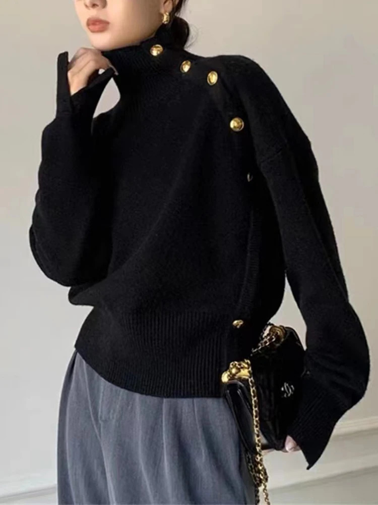 Circyy Knitted Sweater Women Fall Winter Thicken Long Sleeve Single Breasted Pullovers Turtleneck Warm Solid Jumpers 240116