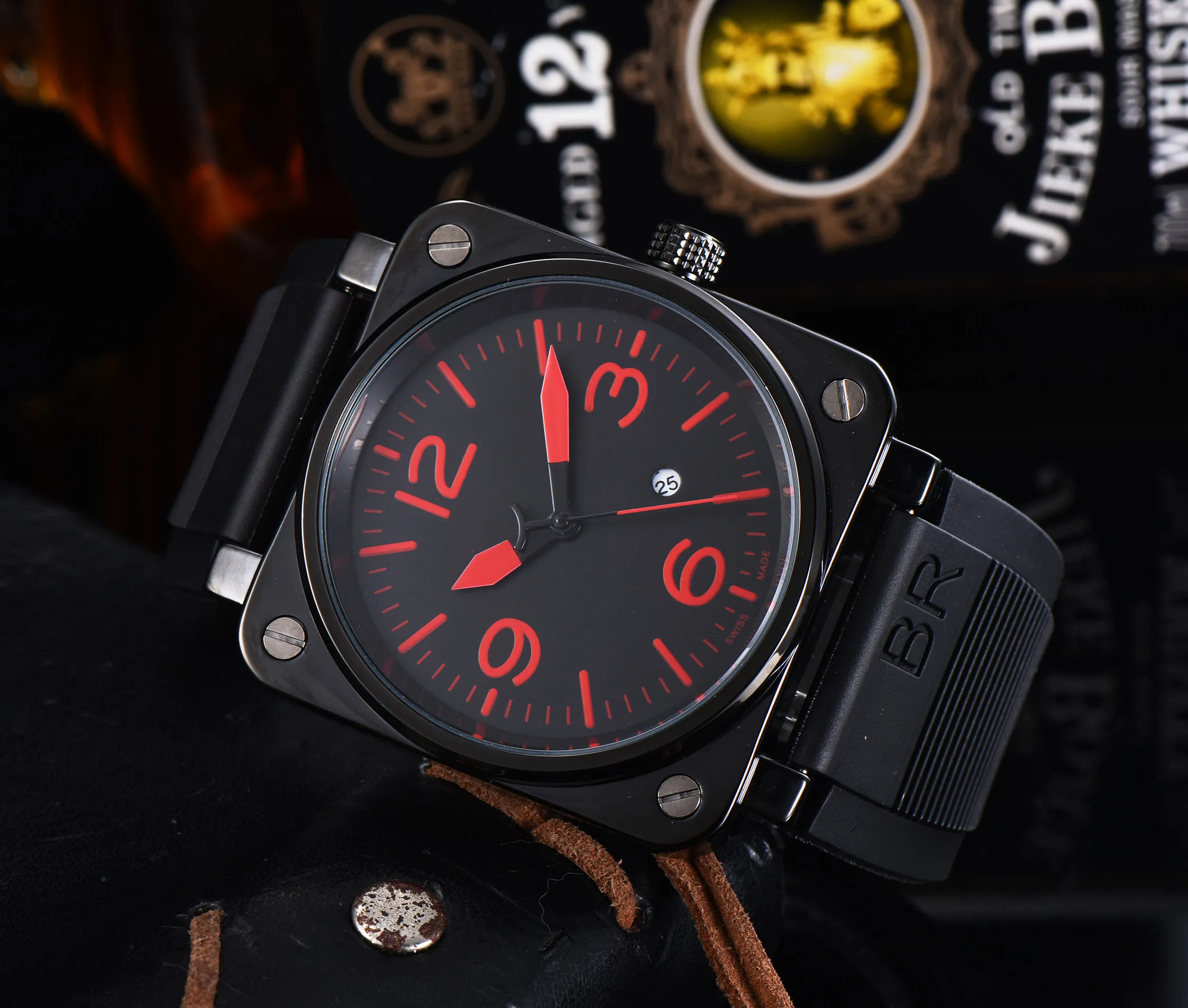 2024 mens BR Model Sport Rubber Strap Quartz Bell Luxury Multifunction Watch Business Stainless Steel Man Ross Square men Wristwatches
