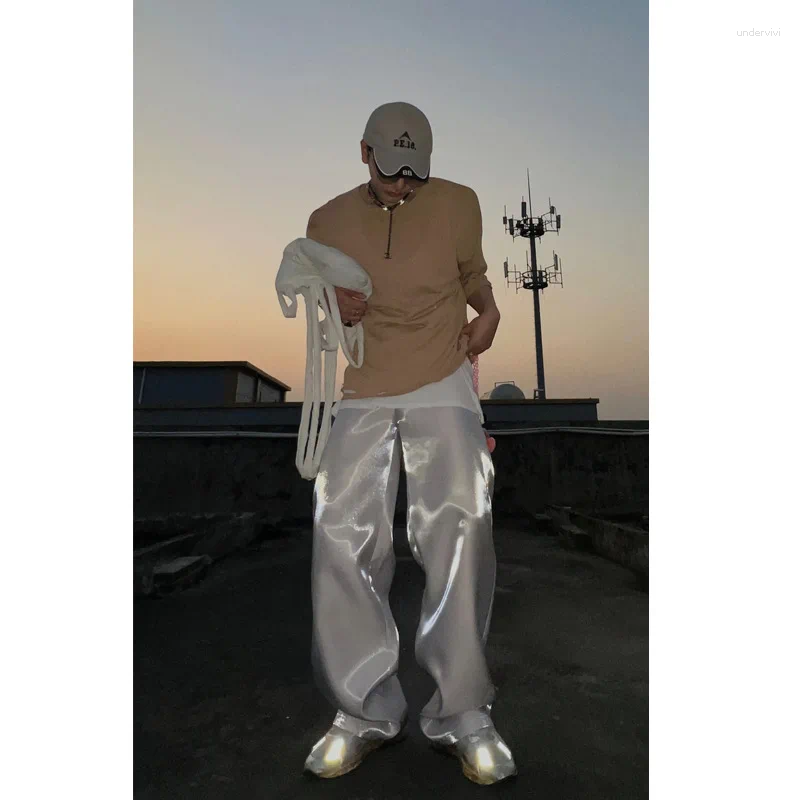 Men's Pants Y2K Liquid Metal Light Satin Loose Casual Dipped Wide Leg Straight Unisex Men Streetwear Joggers Trousers