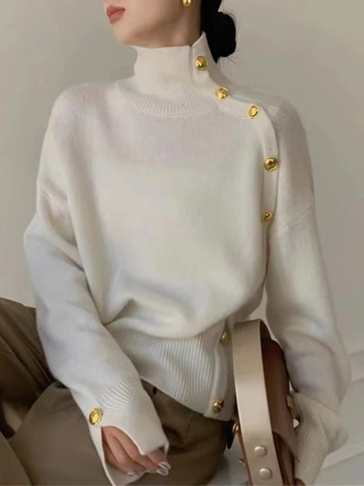 Circyy Knitted Sweater Women Fall Winter Thicken Long Sleeve Single Breasted Pullovers Turtleneck Warm Solid Jumpers 240116