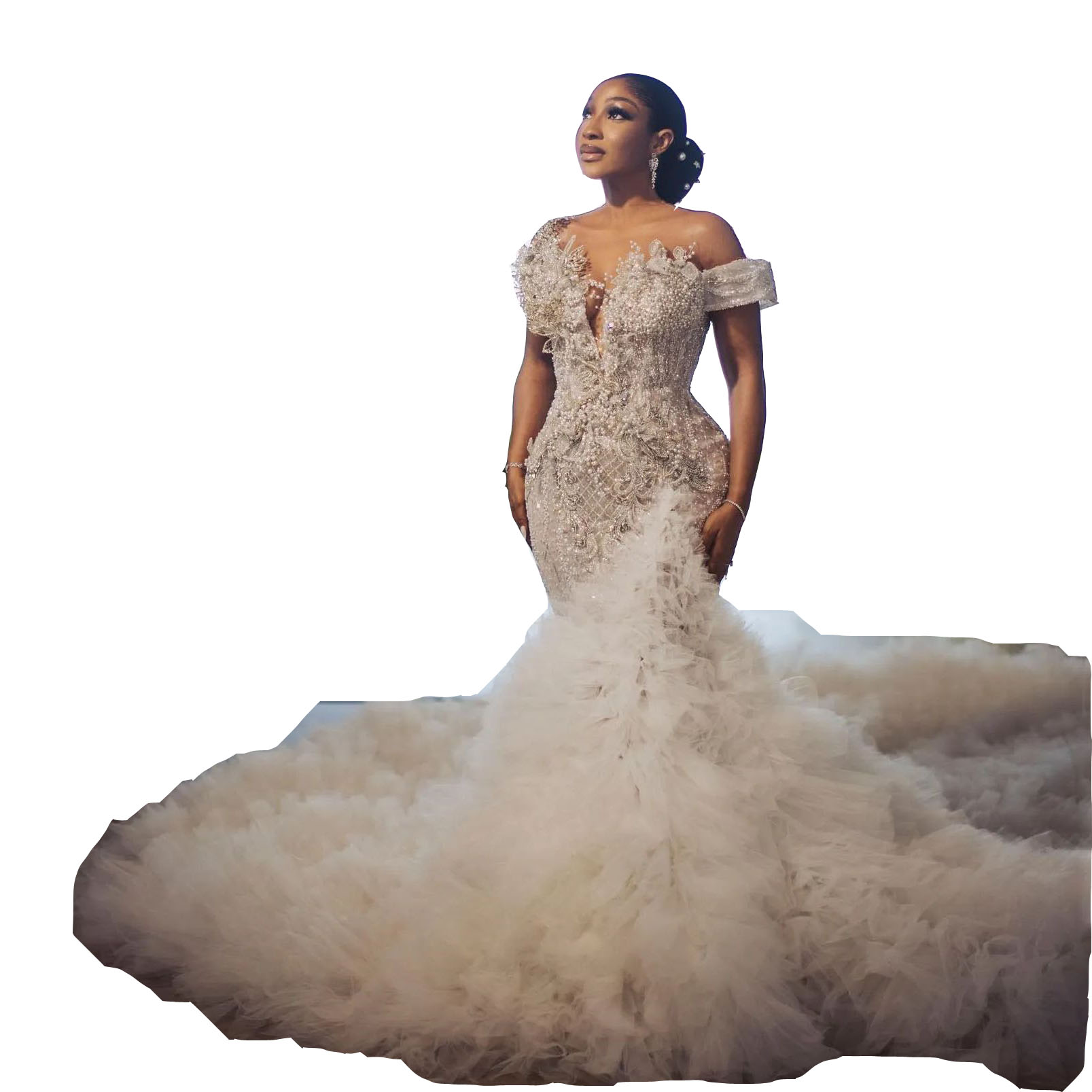 2024 African Sexy Mermaid Wedding Dresses Bridal Gowns Off Shoulder Tulle Crystal Beads Pearls Ruffles Tiered Short Sleeves Chapel Train 0513