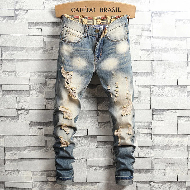 Distressed Ripped Jeans Men's Retro Blue Fashion Slim Motorcycle Trousers Male Hip-hop Street Male Hole Denim Pants 240115