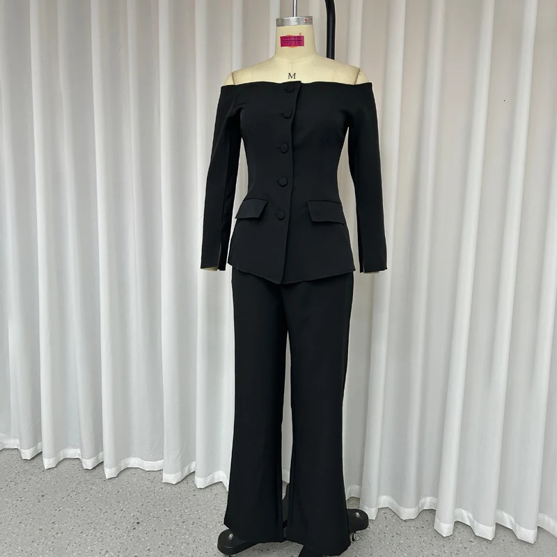 Wefads Elegant Women's Sets Two Piece Office Simple Solid Off Shoulder Long Sleeve Single Breasted Button Top Loose Pants Suits 240115